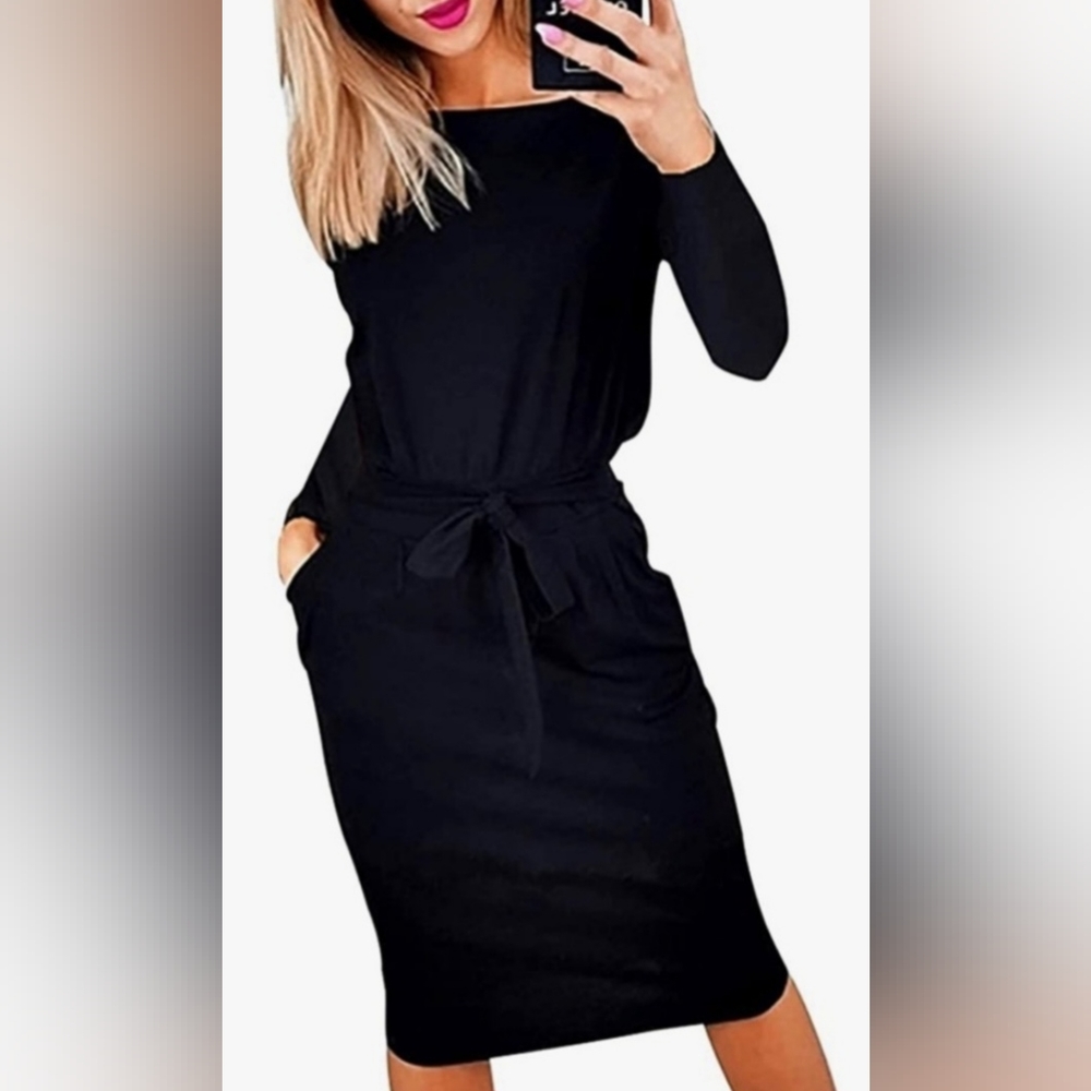 NWT PrettyGarden Black Long Sleeve Belted Knit Sheath Dress with POCKETS! Medium